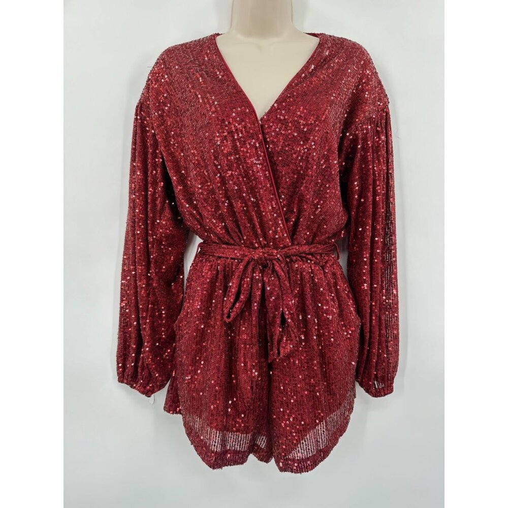 She + Sky Ruby Red Sequin Romper With Long Sleeve… - image 1